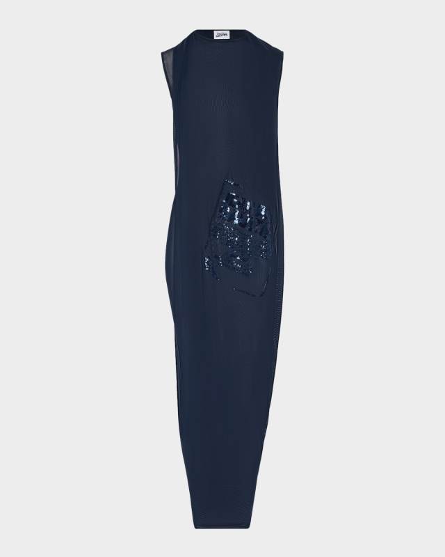 Sequined Label Draped Mesh Maxi Dress